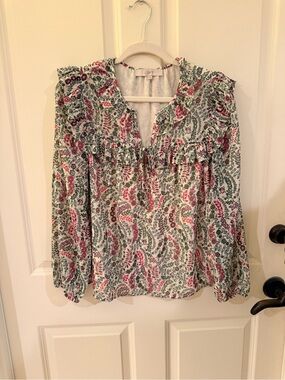 Ann Taylor LOFT White Floral Ruffle V-Neck Blouse with Pink and Green Print